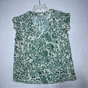 Christian Siriano linen and rayon Green and White Floral Top ruffle V neck sz 1X